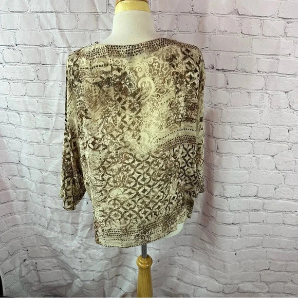 Chico's silk peasant blouse 3/4 sleeve embellished neckline sz 2 (large 12) - Picture 3 of 8